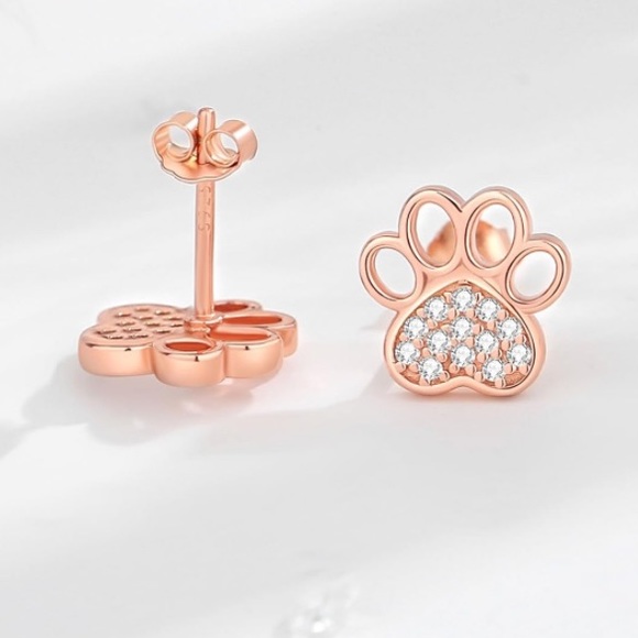 14k Rose Gold Paw Print Diamond Earrings - Picture 3 of 8